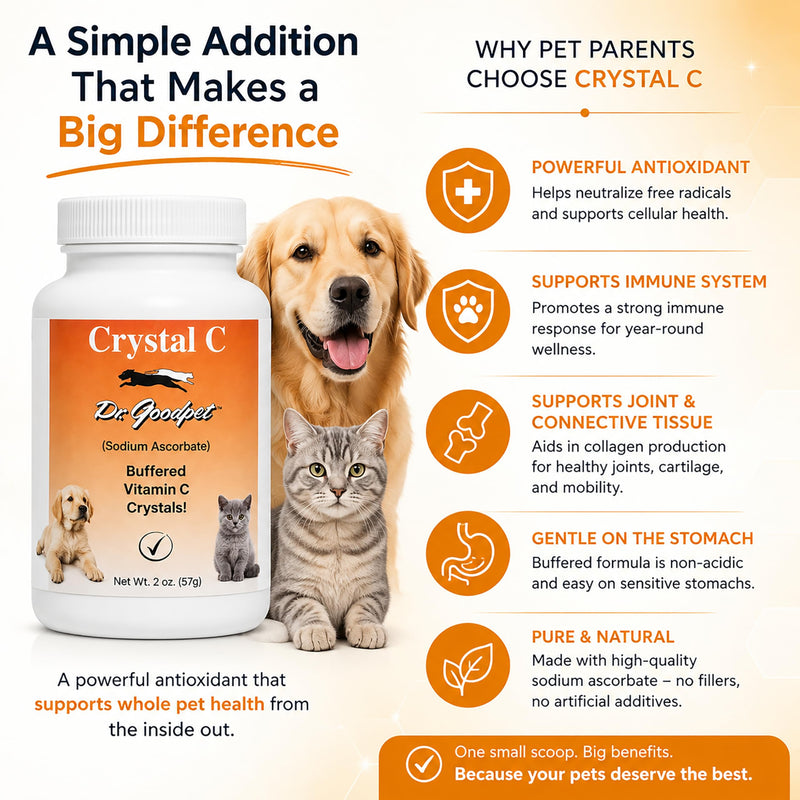 Crystal-C by Dr. Goodpet | Buffered Vitamin C Powder for Dogs and Cats, Ascorbate for Immune System Support, Stress Defense, Gum Care & Oral Health | Gentle for Digestion, Natural Pet Supplement