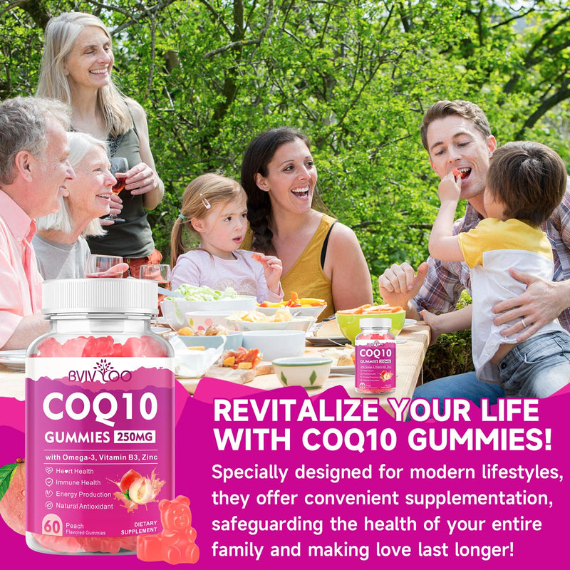 Sugar-Free CoQ10 Gummies 250mg, Plus Omega-3, Vitamin B3 & Zinc, Magnesium - High Absorption Coenzyme Q10 Supplements for Heart Health, Cellular Energy, & Antioxidant Support, 60 Count Peach 1Pack
