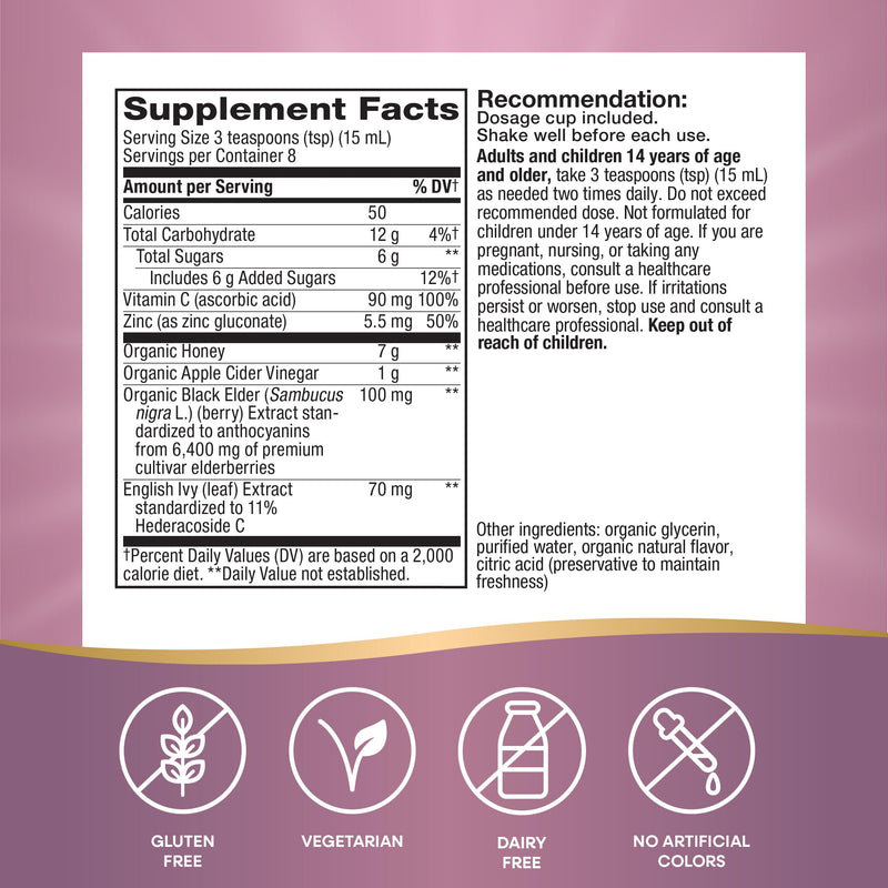 Nature's Way Sambucus Cough + Immune* Elderberry Syrup, Honey, 4 Fl Oz | 4 Fl Oz, Soothes Coughs Associated with Hoarseness, Dry Throat, and Irritants* Vitamin C, Zinc, Organic Honey