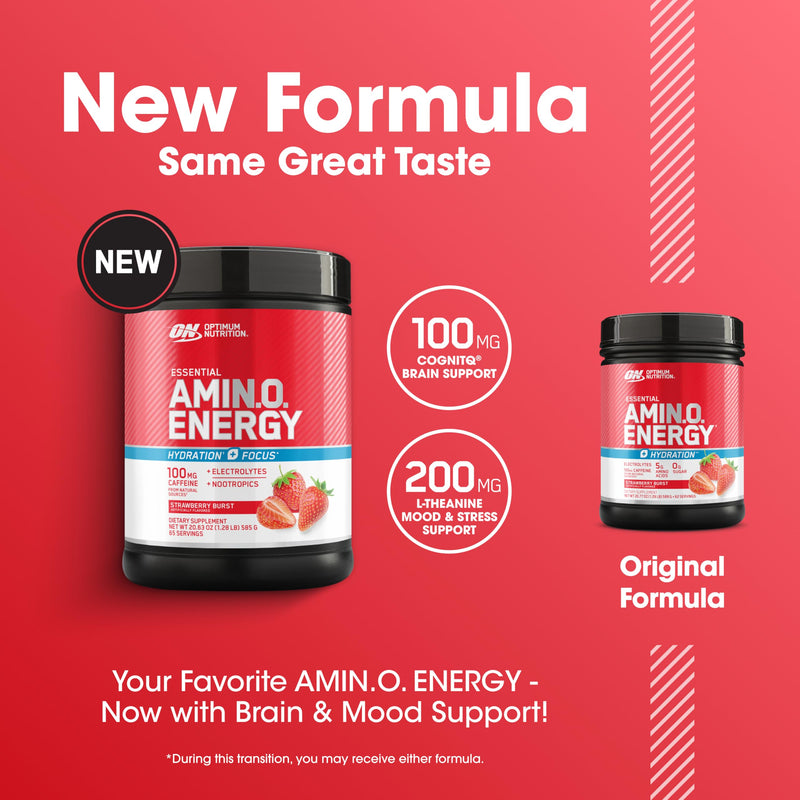 Optimum Nutrition Amino Energy Powder Plus Focus, with BCAA, Electrolytes, and Caffeine, Strawberry Burst, 65 Servings (Packaging May Vary) | Contains BCAAs, Electrolytes, 100 mg Caffeine, 5g Amino Acids, Zero Sugar, Supports Hydration, Banned Substanc...