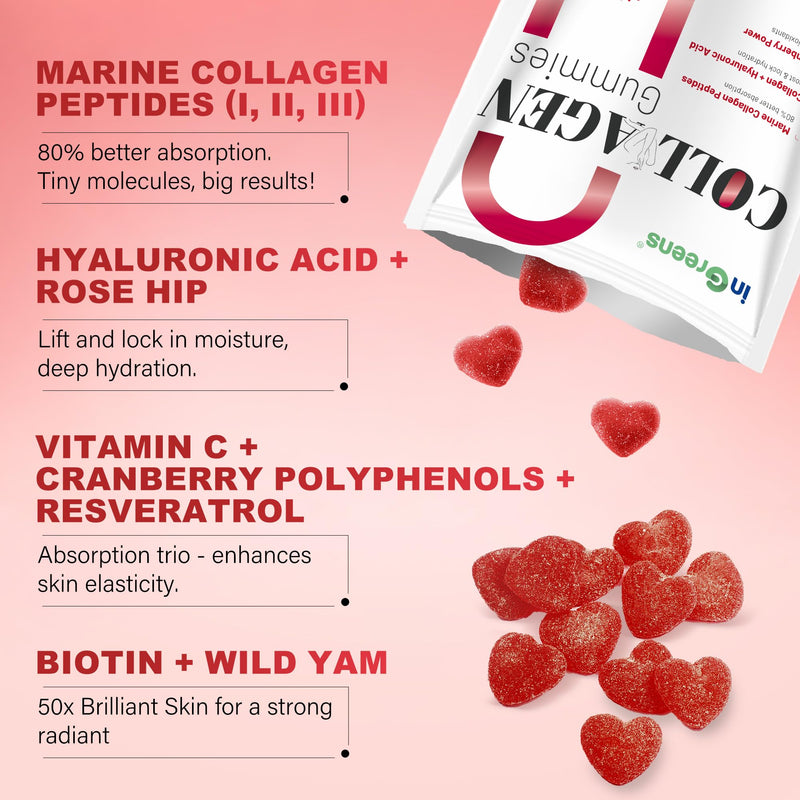 inGreens 5000mg Marine Collagen Gummies, Sugar Free, 90 Count | Hydrolyzed collagen blend with Resveratrol, herbal extracts, and Biotin for daily absorption 90 Count (Pack of 1)