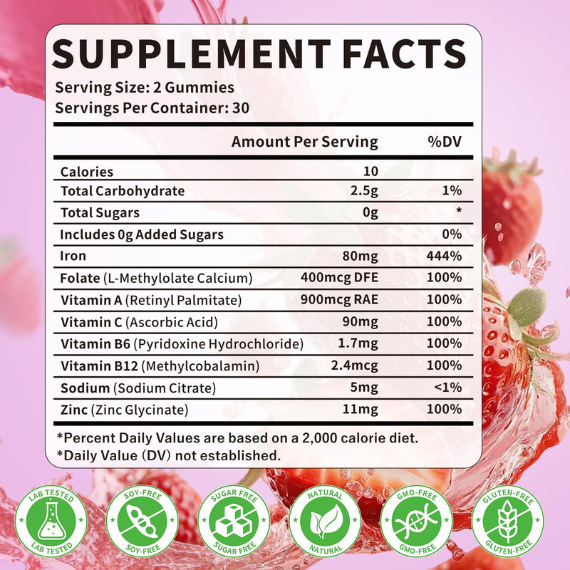 Iron Supplement Gummies for Women & Men, Vegan Iron Gummies with Vitamin C, A, B-Complex, Folate, Zinc for Blood Building & Energy Support, Strawberry Flavor, 120 Count 120 Count (Pack of 1)