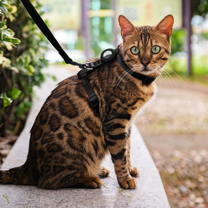 Cat Harness and Leash Set Escape Proof for Walking, Adjustable Cute Kitten Harness Leash with Airtag Holder for Small Large Cats, Lightweight Soft Walking Travel Harness (Black) Black - BeesActive Australia