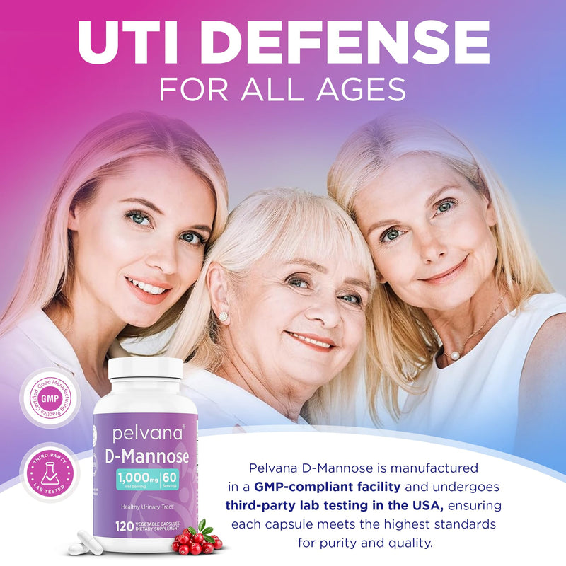 Pelvana D-Mannose 120 Capsules (500mg Each) – 1000mg per Serving – Assists & Maintains Healthy Urinary Tract, Flushes Impurities, Pure Ingredients, Gluten-Free – Third-Party Lab Tested, Made in USA