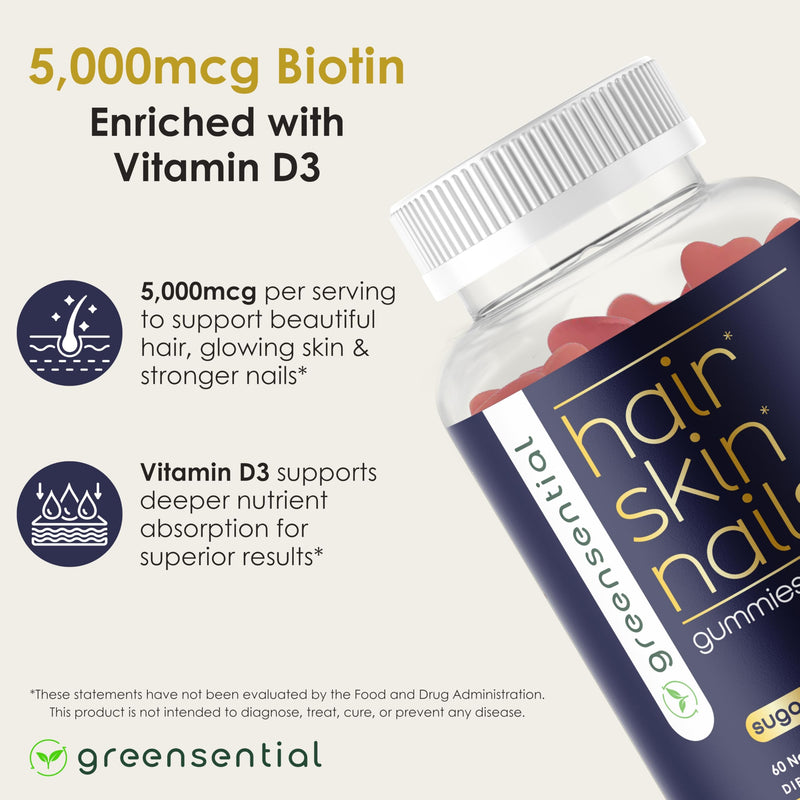 Greensential Hair, Skin & Nails Gummies - Complete Vitamin Complex with Natural Ingredients - Fuller Hair Support - No Artificial Colors, Natural Strawberry Flavor, Made in USA, 60 Ct