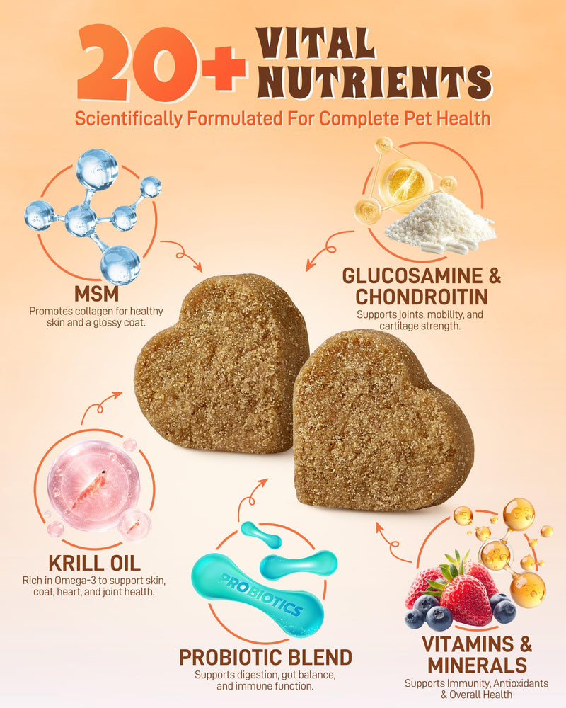 24-in-1 Multivitamin Dog Supplement, 150 Soft Chews – Glucosamine & Chondroitin for Joint Support, Probiotics for Gut Health, Omega Fish Oil for Skin & Coat, Daily Dog Vitamins 150 chews