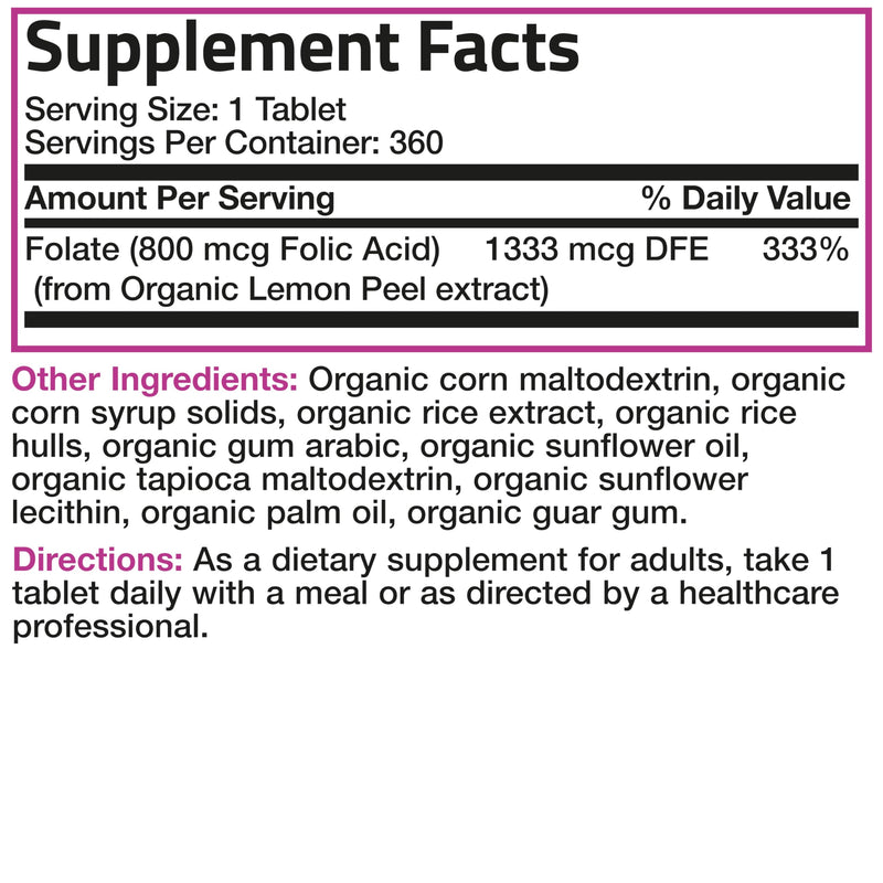 Bronson Folic Acid 800 mcg, USDA Certified Organic, 360 Tablets | From Whole Lemon Peel Extract, Prenatal Development Support, Vegetarian, Non-GMO, Gluten-Free & Soy-Free Unflavored 360 Count (Pack of 1)