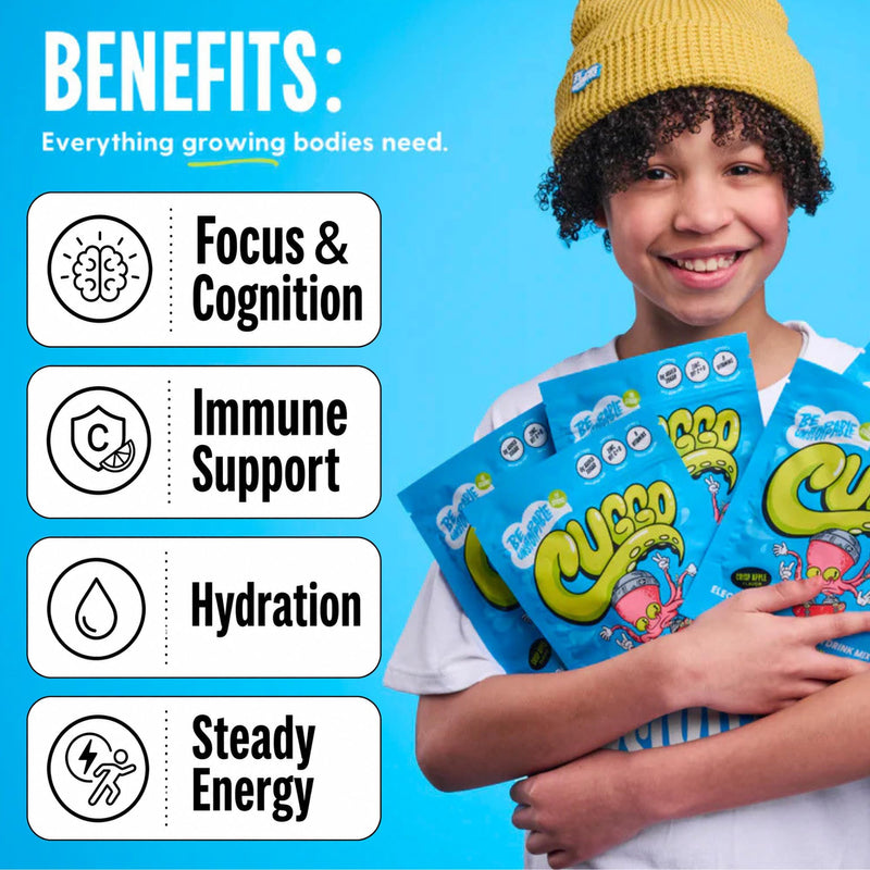 Kids Electrolytes Hydration Packets with No Added Sugar | Immunity Boosting Vitamins C, D, B & Zinc & Monk Fruit (15 Servings) (Apple Flavor)