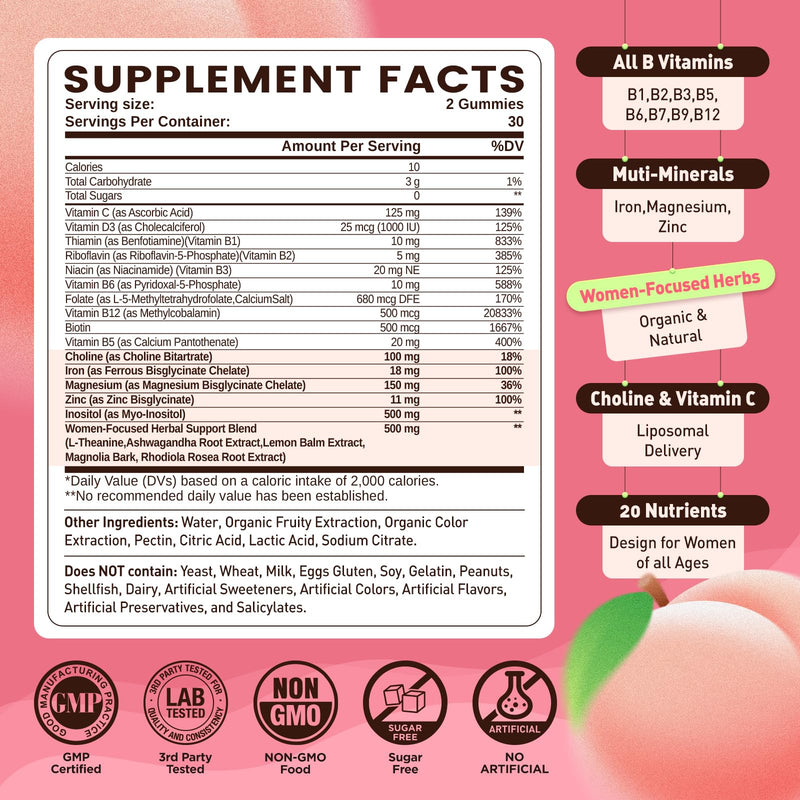 duwhot Methylated B Complex Gummies for Women & Teen Girls, with Iron 18mg | l Methylfolate and B12, Plus Organic Herbs for Stress Relief, Energy Support,Vegan,Non-GMO,Peach Flavor,60 Chewables
