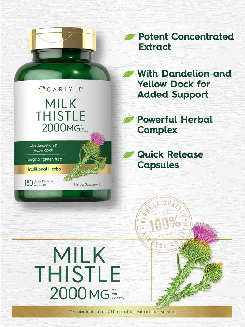 Carlyle Milk Thistle 2000mg | 180 Capsules | with Dandelion & Yellow Dock | Non-GMO, Gluten Free