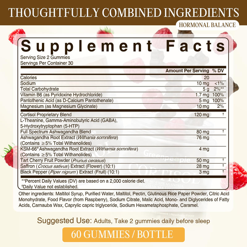 GREENPEOPLE Cortisol Reducer Supplements for Women & Men | Cortisol Manager Detox w/KSM-66 Ashwagandha/Magnesium/GABA for Sleep/Stress Relief/Mood 60 CT Raspberry Flavor Gummies 60 Count (Pack of 1)