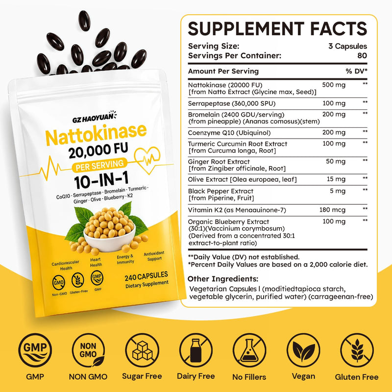 Nattokinase Supplement 20,000 FU, Triple Enzyme Complex with Serrapeptase & Bromelain, CoQ10, Vitamin K2, Turmeric, Botanical Extracts, Heart & Circulation Support, Healthy Aging,Non-GMO,240 Capsules