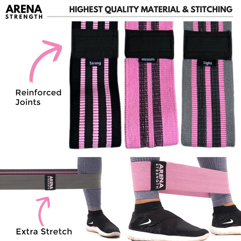 Arena Strength Fabric Booty Bands - Fabric Exercise Bands for Legs and Butt | Fabric Resistance Bands | Hip Resistance Bands with Workout Guide and Carry Case Gray, Pink, Black