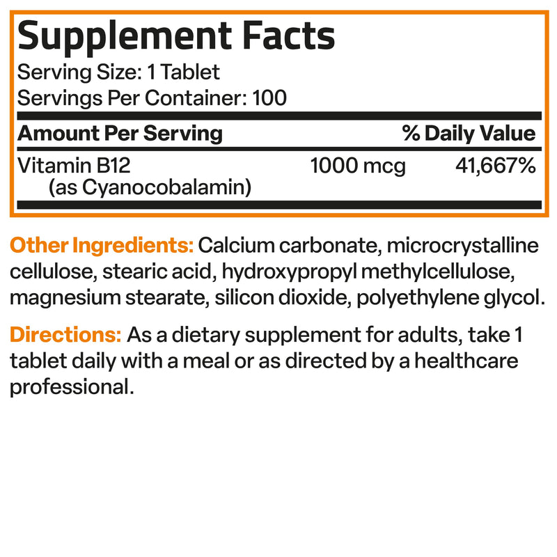Bronson Vitamin B12 1000 mcg Sustained Release, Energy Support, 100 Tablets | Healthy Brain Function & Nervous System Support, Vegan, Non-GMO, Gluten-Free & Soy-Free 100 Count (Pack of 1)