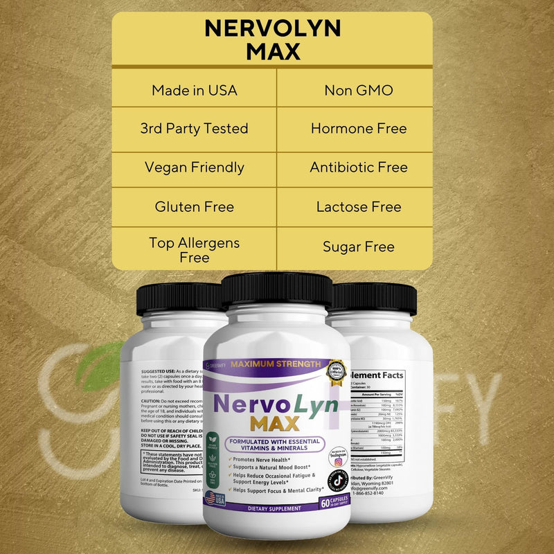 NervoLyn Max Maximum Strength Nerve Support Supplement, 60 Capsules, with Vitamin B Complex, Vegan, Gluten Free, Non-GMO, 30 Day Supply (1) 1