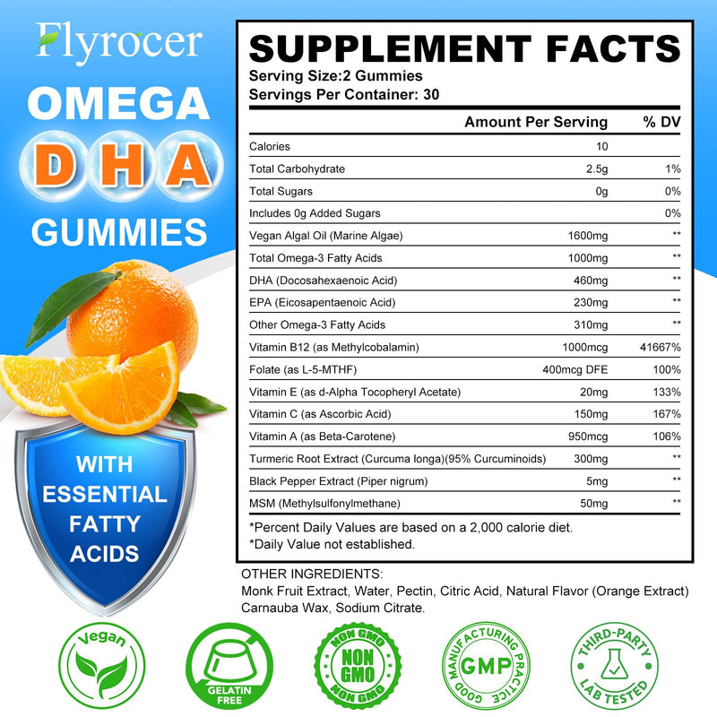 Vegan Algal Oil Omega 3 Gummies Supplement for Adults Sugar Free, 120 Count | Omega 3 With DHA, EPA & 10 Essential Vitamins, Fish Oil Alternative - Support Brain, Eye & Immunity, Orange Flavor 60 Count (Pack of 2)