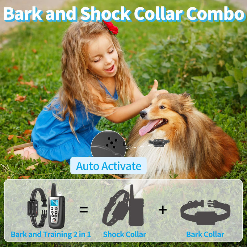 PaiPaitek 2 in 1 Dog Bark Collar and Training Collar - Smart Bark and Shock Collar Combo, Automatic Bark Collar for Large Dog with Remote 3300ft Range & Waterproof PD526-1-TIO-Black - BeesActive Australia