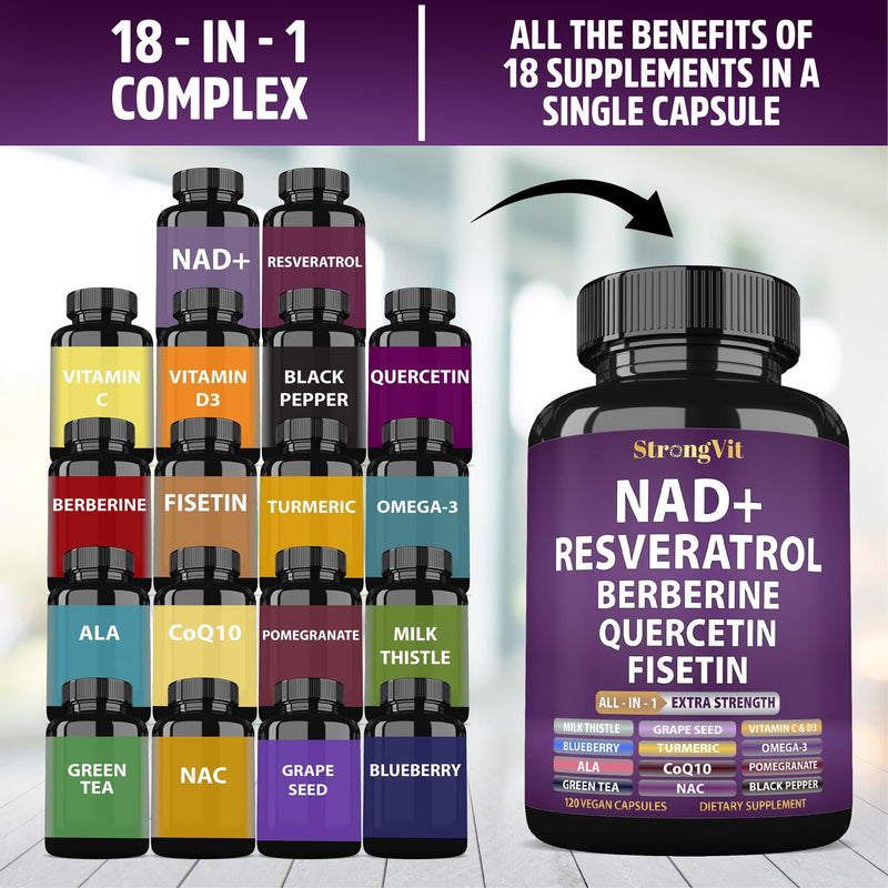 NAD Resveratrol Supplement for Women & Men. Support Cellular Health, Energy + Healthy Aging. Advanced Formula, Plus Third-Party Lab Tested in USA (120 Capsules) 120 Count (Pack of 1)