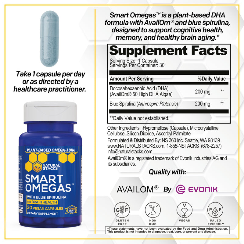 Smart Omega 3 Supplement with Blue Spirulina & Algae Oil DHA, 30 Capsules | Fish Oil Free Antioxidant Supplement - Plant Based Algae Oil w/ 200mg DHA for Brain Health - Non-GMO & Vegan - Natural Stacks