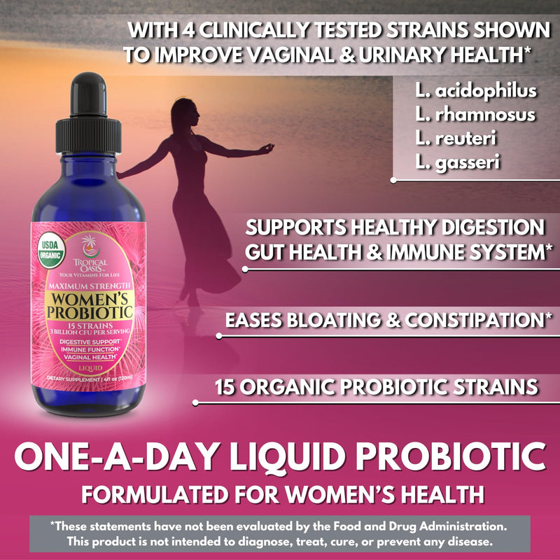 USDA Organic Liquid Probiotic for Women | PH Balance, UT, & Feminine Health | Digestive Support, Immune & Gut Health | 15 Clinically Studied Strains | 98% Absorption | Vegan, Non-GMO | 40 Servings 4 Fl Oz (Pack of 1)