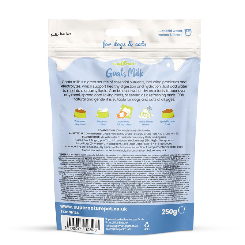 Supernature Goats Milk Powder for Dogs & Cats 250g | 100% Natural Digestive Supplement, Low Lactose, Perfect for Hydration, High in Protein & Calcium, Nutrient Rich Food Topper
