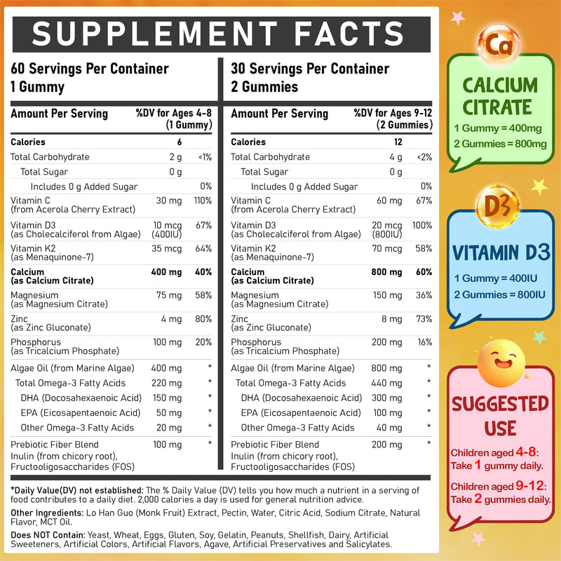 Kids Calcium Gummies with Vitamin D3 K2 - Calcium Citrate 800mg | with Magnesium, Zinc, Vitamin C, Omega-3, and Prebiotics for Kids - Sugar Free Gummies, Non-GMO, Vegan, 60 Ct Strawberry 60 Count (Pack of 1)