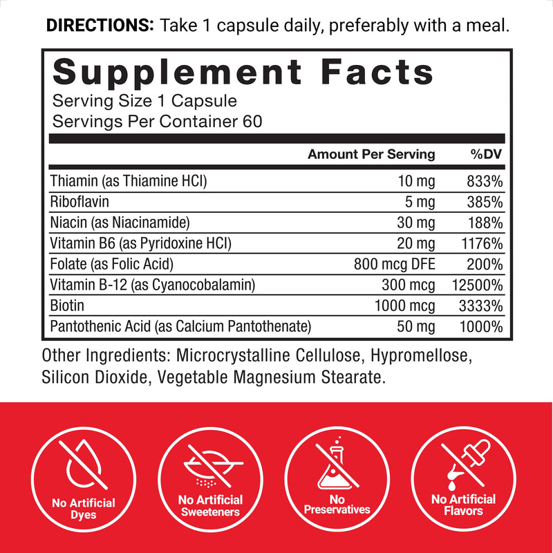Force Factor Vitamin B Complex to Support Energy, Vitality & Heart Health | Includes Vitamin B1, Vitamin B2, Vitamin B3, Vitamin B6, Vitamin B12, and More, Vegan, Non-GMO, 60 Vegetable Capsules