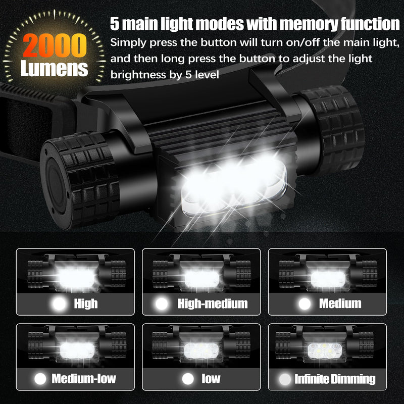 Headlamp Rechargeable, 2000 Lumen Super Bright LED Head Lamp for Adults, IP67 Waterproof Rechargeable Headlight with 9 Modes, Head Flashlight with 2600 mAh for Outdoor Camping Hiking Fishing Running 2000lm - 9 modes
