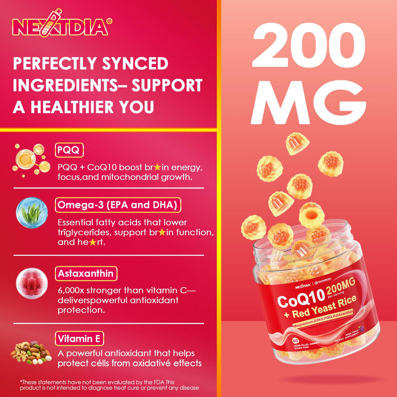 Red Yeast Rice Gummies 600mg & CoQ10 200mg for Adult, 12-in-1 High Absorption Coenzyme Q10 Supplement Plus Omega 3, PQQ, Astaxanthin, Methyl B12, Support Brain, Energy, Immunity, Antioxidant, 60Cts 60 Count (Pack of 1)