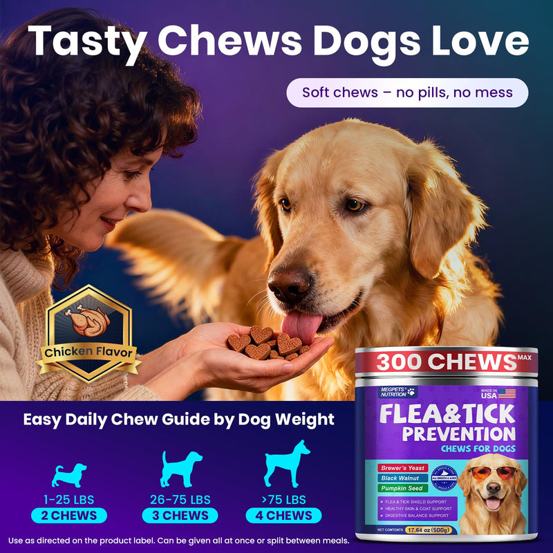 Flea and Tick Support for Dogs Chewable, 300 Soft Chews, Skin & Coat Support, Digestive Support, Chicken Flavor, All Breeds & Sizes 300 Counts