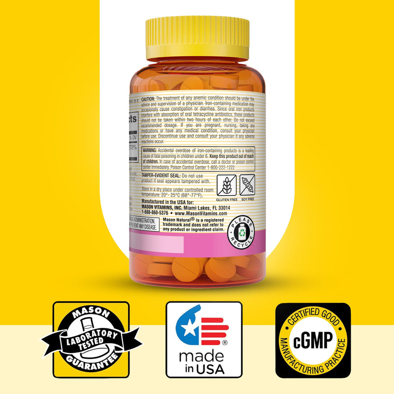 Mason Natural Slow,Release Iron (Ferrous Sulfate) 50 mg Tablets, 180 Day Supply, High Potency Supplement, Gentle on Stomach, 3 Pack Unflavored 60 Count (Pack of 3)