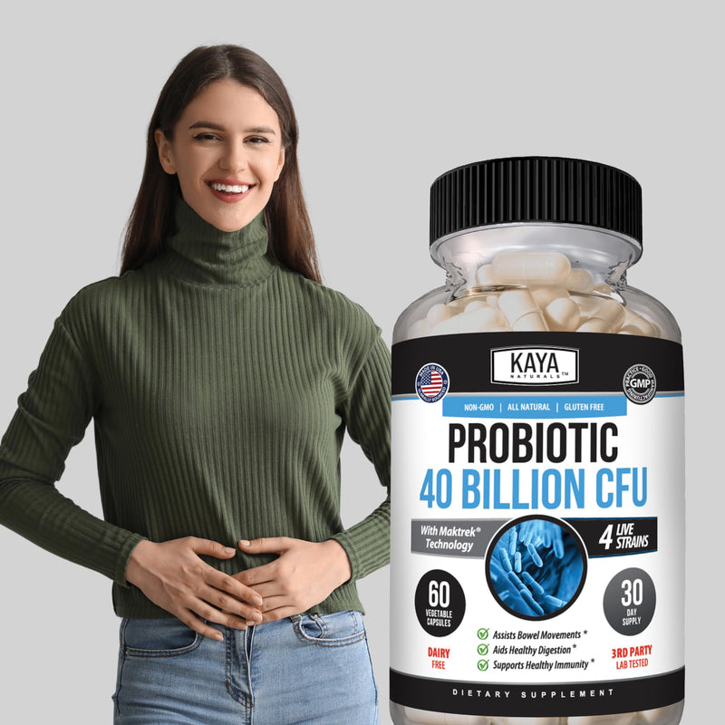 Kaya Naturals Probiotic 40 Billion CFU, Prebiotic, 4 Strains, 60 Capsules | 40 Billion CFU at Manufacture; 4 Probiotic Strains; Prebiotic FOS; MAKTREK Bi-Pass Technology; Gluten & Dairy Free 60 Count (Pack of 1)
