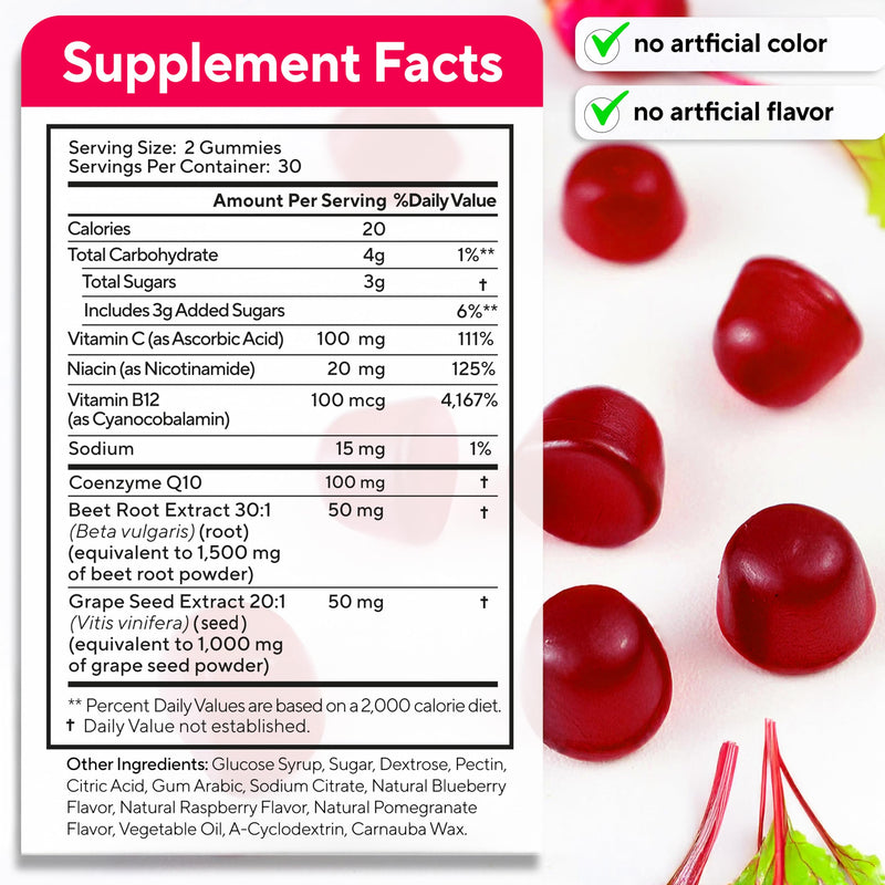 Beet Root Gummies ‚Äì Beet Gummies ‚Äì Red Beets Supplements with Beetroot, Grape Seed, Coq10, Vitamin C & B12 ‚Äì 60 Beet Chews