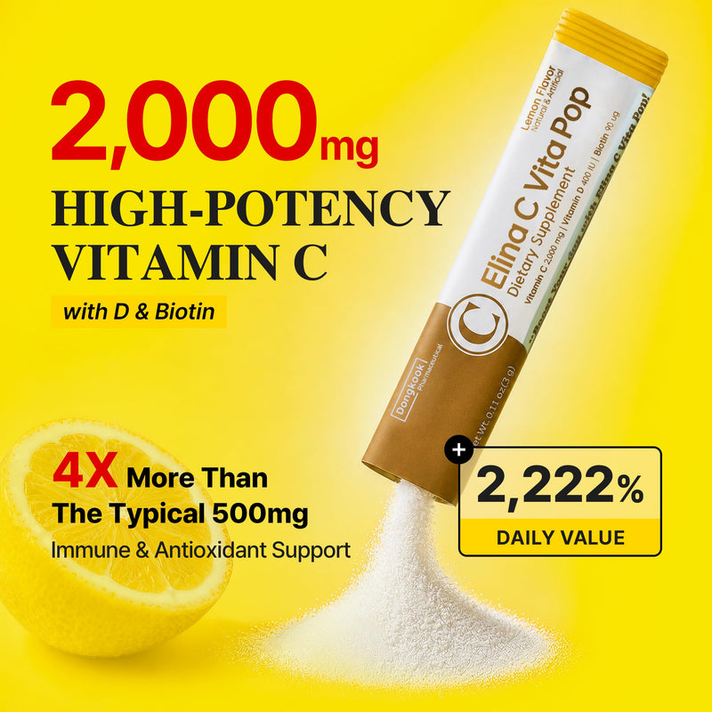 DONGKOOK Vita Pop Korean Vitamin C 2,000mg Powder Zero Sugar Vitamin D & Biotin Stick, Lemon Energy Drink Power Mix, Vitamin C Supplements, Immune Support, Antioxidant, Korean Supplements 100 Packets 0.11 Ounce (Pack of 100)