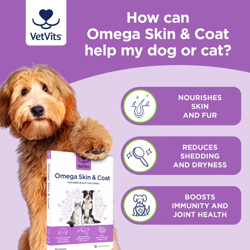 Omega Skin & Coat For Cats & Dogs (60 Capsules) | Beef Flavoured | Shinier Coat, Healthier Pet | Omega 3 and 6 Blend | Supports Skin, Coat, Joints, Brain and Heart