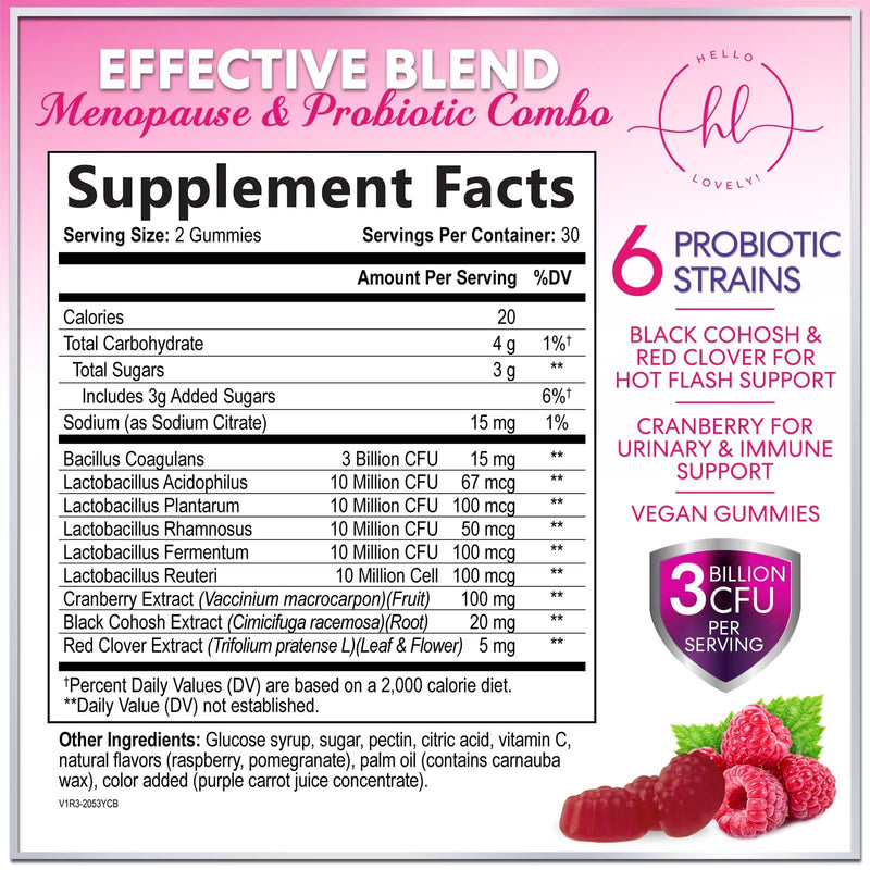 Menopause Supplements for Women Gummies - Black Cohosh, Cranberry, 3 Billion CFU Probiotics per Serving - Complete Menopause Relief for Hot Flashes, Night Sweats, Vaginal Health Support - 60 Gummies