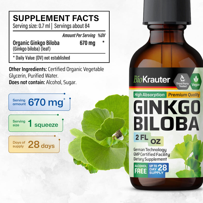 BIO KRAUTER Ginkgo Biloba Extract - Liquid Ginkgo Biloba Supplements for Brain - Vegan, Alcohol & Sugar Free - 2 Fl Oz 2 Fl Oz (Pack of 1)
