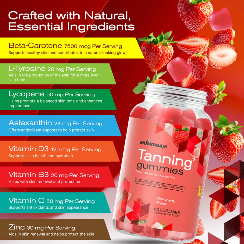 musebeam Tanning Gummies for Women - Daily Self Tan Chews Without Sun | Sunless Tan Skin Health Glow Up Sugar Free Vegan Oral Melanin Supplement with Beta Carotene Astaxanthin Lycopene 60 Count (Pack of 1)