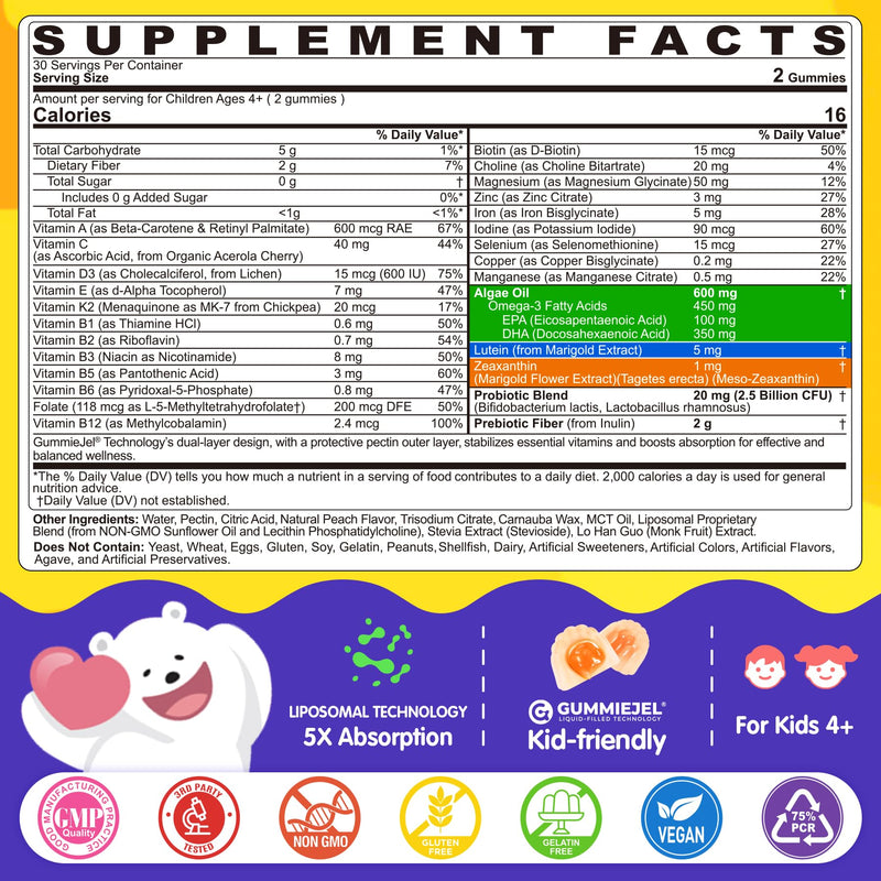 Kids Multivitamin Gummies + Iron, Kids Focus Gummies with Omega-3, Brain Attention Supplements, Memory, Vision, w/ Lutein, Methylated Folate & B12, Probiotics, Fiber, Children Vitamins for Growth 2P 60 Count (Pack of 2)