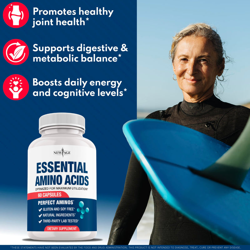 NEW AGE Amino Acid Complex – 20 Aminos with BCAAs, L-Glutamine, L-Arginine & Hyaluronic Acid – Supports Recovery, Energy, Immune Health & Wellness – Non-GMO, Gluten-Free – 60 Capsules 60 Count (Pack of 1)