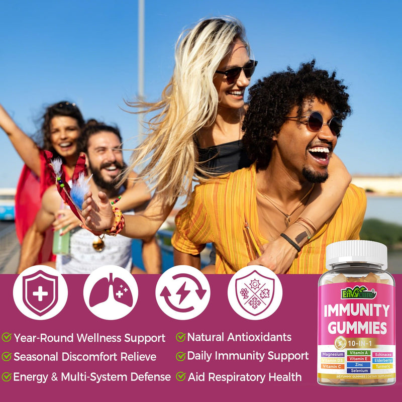 Immune Support Supplement Gummies, w/Echinacea, Elderberry, Vitamin C, Zinc | 10 IN 1 Daily Immune Booster Multivitamin, w/Vitamin D3 5000IU, Magnesium, Selenium, for Antioxidant Bone Energy, 1 Pack 60 Count (Pack of 1)