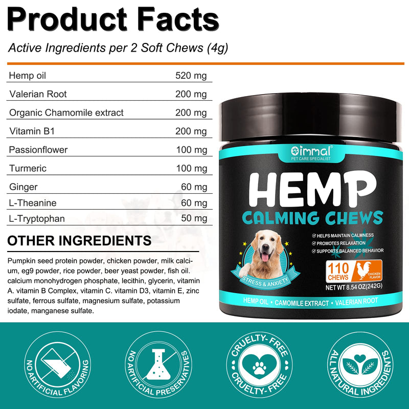 HUALIJIA Calming Treats For Dogs, 110 Count Hemp Calming Chews for Dogs - Reduce Stress Relief, Separation, Barking, Fireworks, Thunderstorms - 100% Natural Ingredients Dogs Calming Treats (Chicken) Chicken