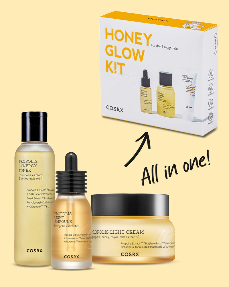 COSRX Honey Glow Kit, Korean Skin Care Set with Propolis Facial Toner, Serum, & Cream, Mini Travel Essentials, Deep Moisture, Hydration, Nourishment, Travel Size Gift Set, Korean Skin Care - BeesActive Australia