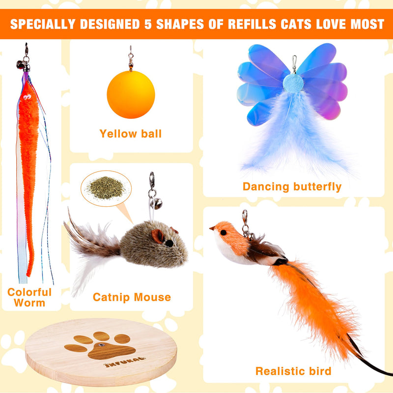 JXFUKAL Interactive cat Toy, Automatic Cat Wand Toy with Stable Wooden Base, 2 PCS Detachable Cat Teaser, 5PCS Refills Replacement & Hanging Cat Toy, Kitty Kitten Toys Cat Feather Spring String Toy - BeesActive Australia