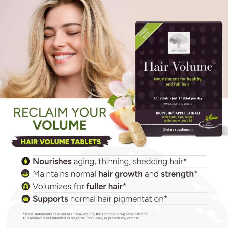 NEW NORDIC Hair Volume Daily Biotin Support Supplement | 90 Tablets | Daily hair supplement tablets made with biotin and Annurka apple extract for simple incorporation into your daily routine 90 Count (Pack of 1)