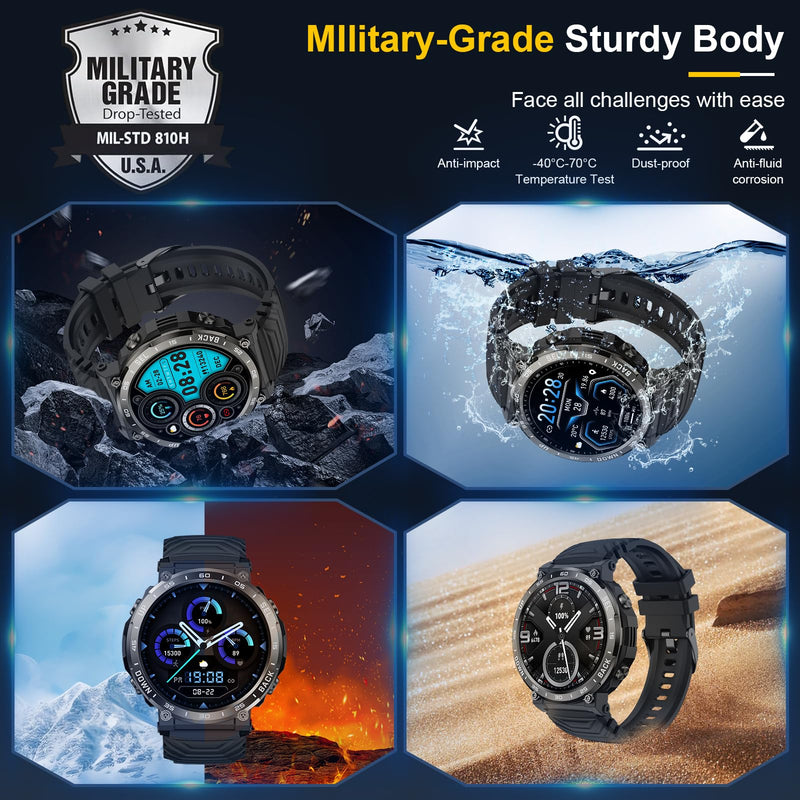 Smart Watches for Men-Bluetooth Call, 1.52" Military Smart Watch for Android iPhone, Waterproof Fitness Tracker Watch with Sleep Tracker, 118 Sports Modes, GPS Pedometer/Step Counter for Walking Black 1.52"