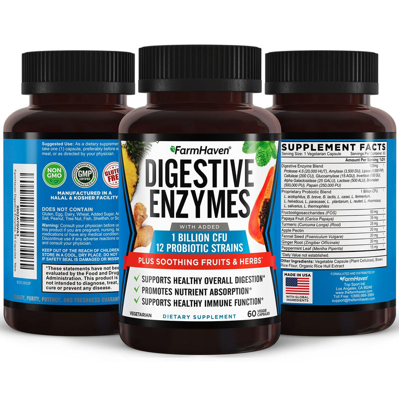 FarmHaven Digestive Enzymes with 18 Probiotics & Herbs, 120 Capsules | Papaya, Bromelain, Protease & More for Lactose Absorption and Better Digestion - Helps Relieve Bloating, Gas and Constipation