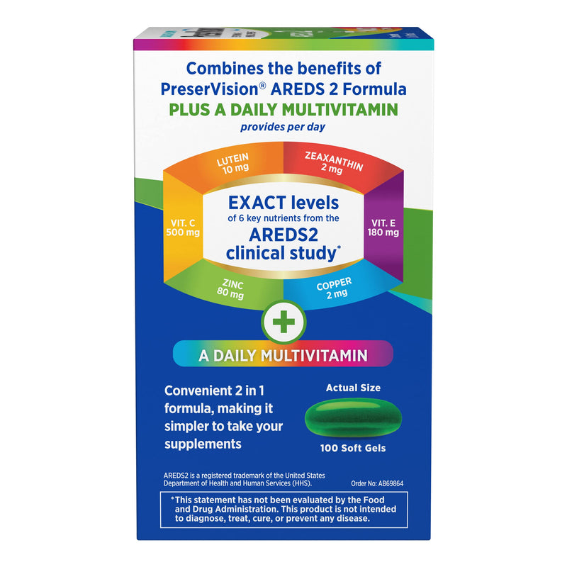 PreserVision AREDS 2 + Multivitamin Eye Vitamins, 100 Softgels | #1 Eye doctor recommended brand1, AREDS 2 formula, lutein, zeaxanthin, zinc, macular support*, 2-in-1 eye health supplement 100 Count (Pack of 1)