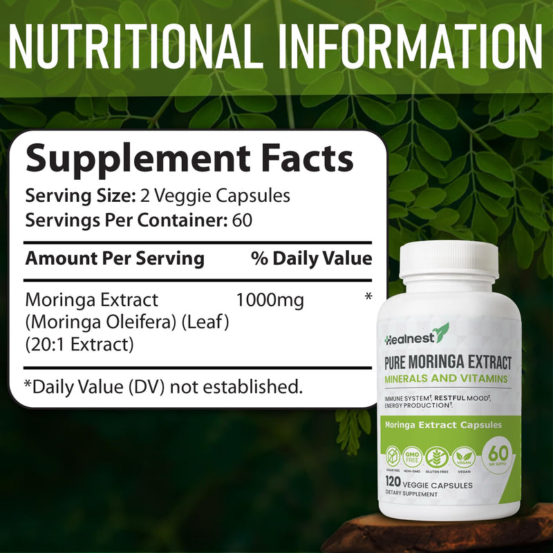 Pure Moringa Extract Capsules – 20:1 (20,000 mg) Potent Formula – Vegan Superfood Supplement with Vitamins & Minerals – Energy, Immunity, Digestion & Mood Support – 120 Capsules – Non-GMO, Gluten-Free