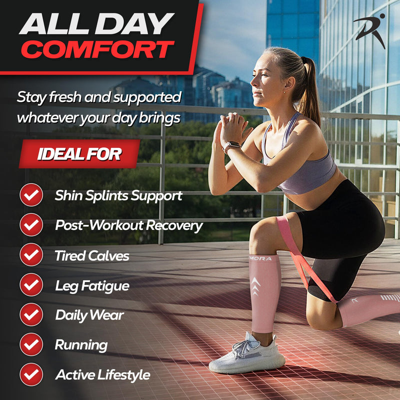 Rymora Calf Compression Sleeves Men Women - Leg Compression Sleeve Footless Socks - Shin Splint Relief Fitness Running Medium Rose Coral - BeesActive Australia